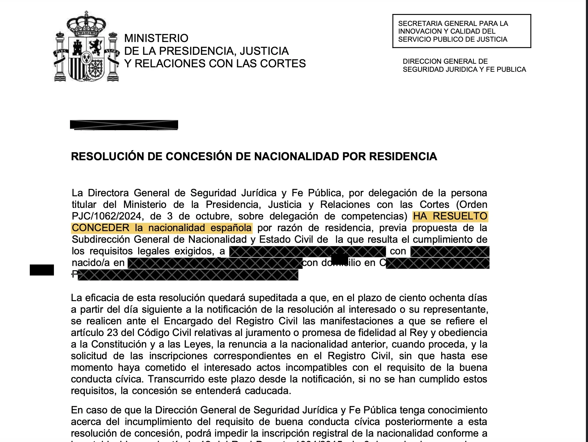 Resolución de concesión de nacionalidad española por residencia, documento anonimizado
